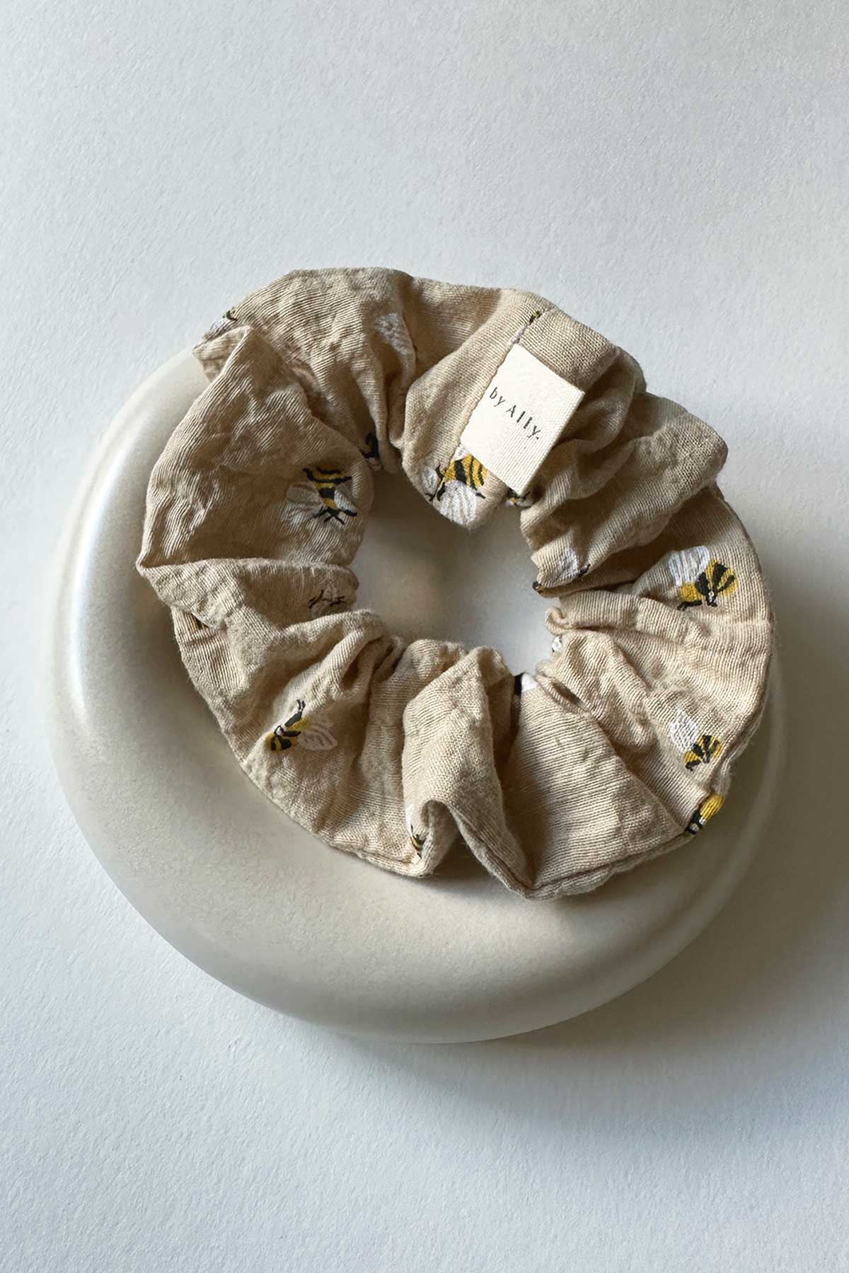 by Ally, scrunchie, bee pattern, beige